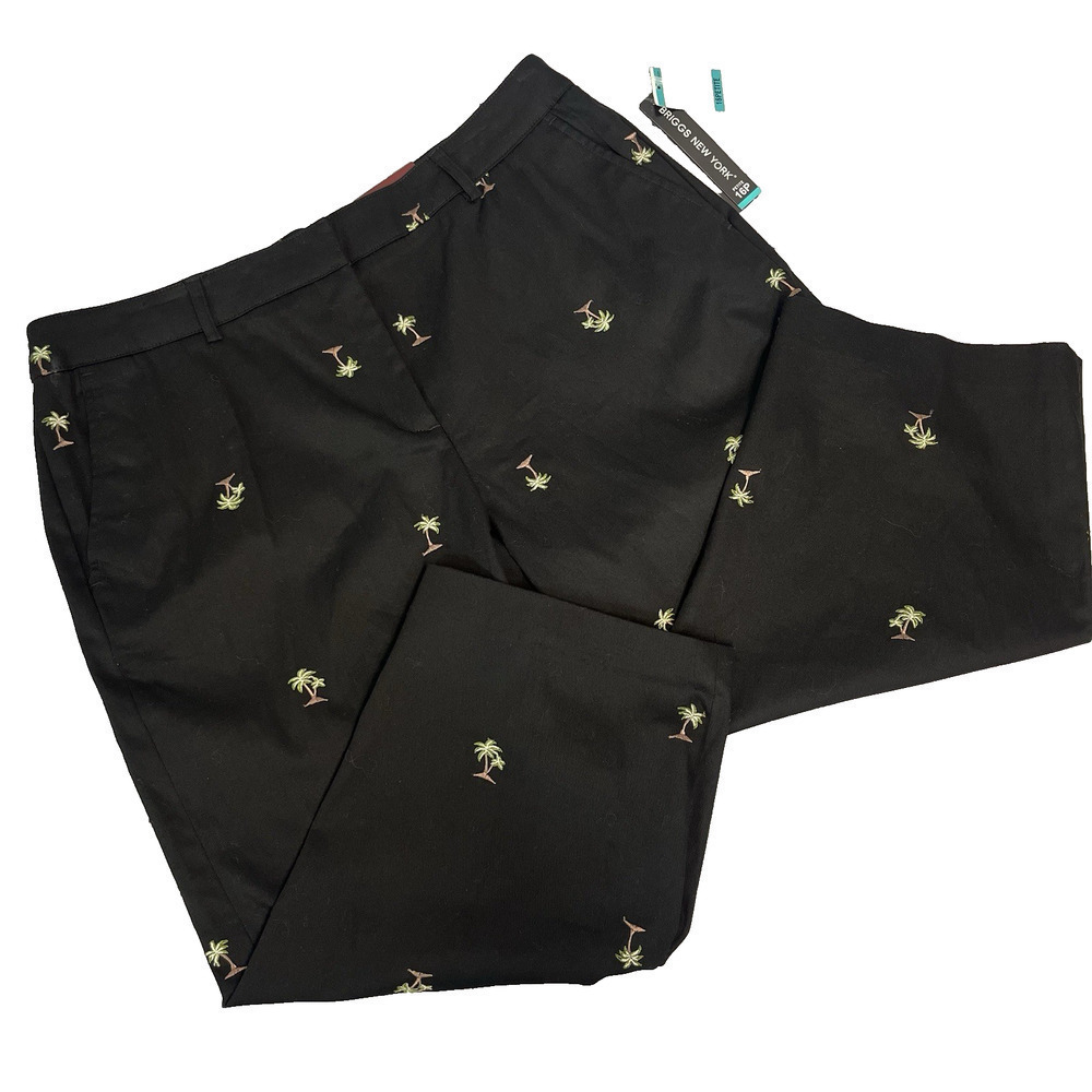 JM Collection Pants size 16 Petite Black Palm Trees Hidden Stretch Waistband